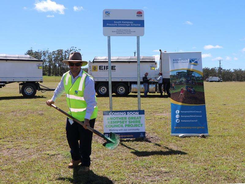 Kempsey Shire Council Water and Sewer Manager, Wes Trotter, breaking ground at the site of the South Kempsey Pressure Sewer Scheme.